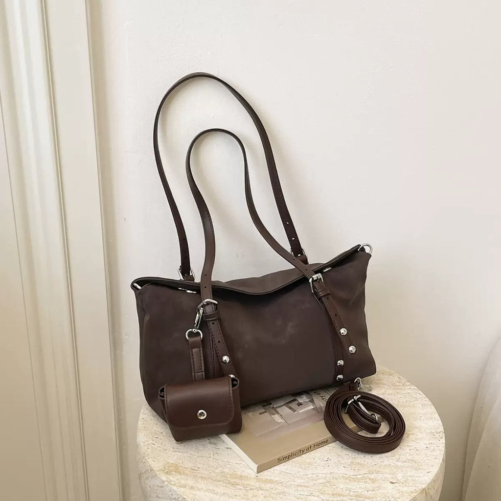 Studded Suede Look Shoulder Bag With Mini Pouch - Dark Brown
