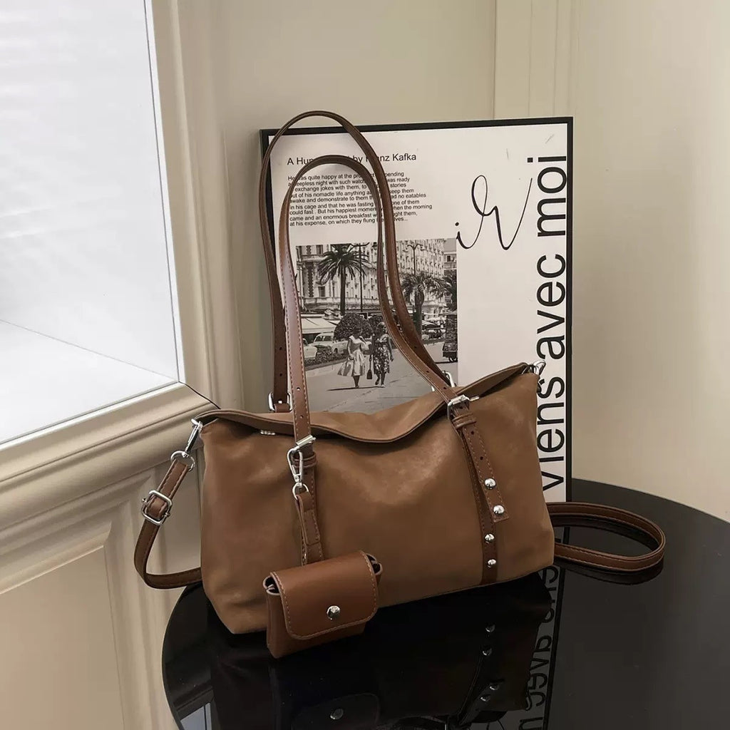 Studded Suede Look Shoulder Bag With Mini Pouch - Tan
