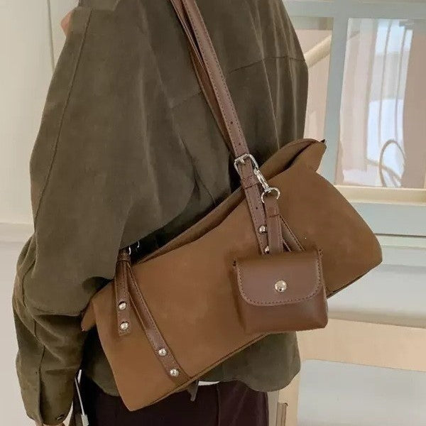 Studded Suede Look Shoulder Bag With Mini Pouch