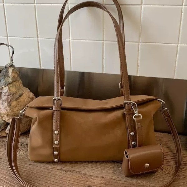 Studded Suede Look Shoulder Bag With Mini Pouch