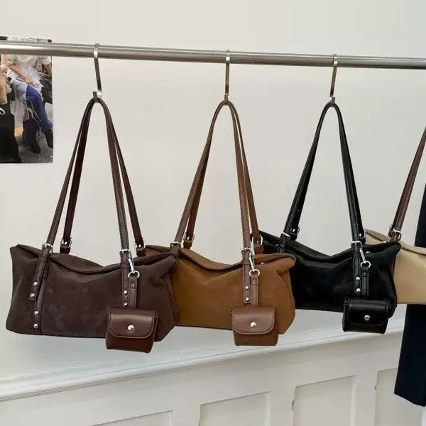 Studded Suede Look Shoulder Bag With Mini Pouch