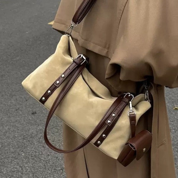 Studded Suede Look Shoulder Bag With Mini Pouch