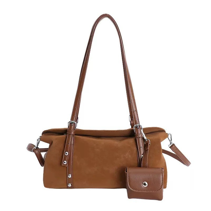 Studded Suede Look Shoulder Bag With Mini Pouch