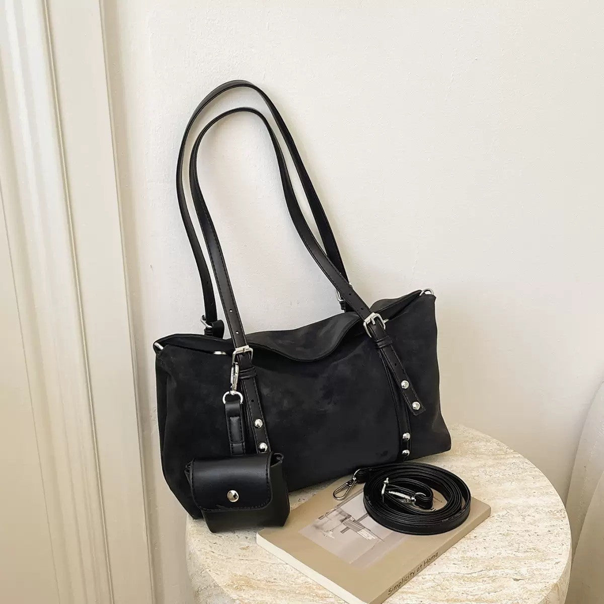 Studded Suede Look Shoulder Bag With Mini Pouch