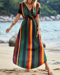 Vertical Stripe Wrap Front Beach Maxi Dress - Green