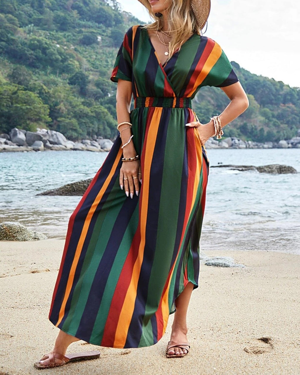 Vertical Stripe Wrap Front Beach Maxi Dress - Green - 1
