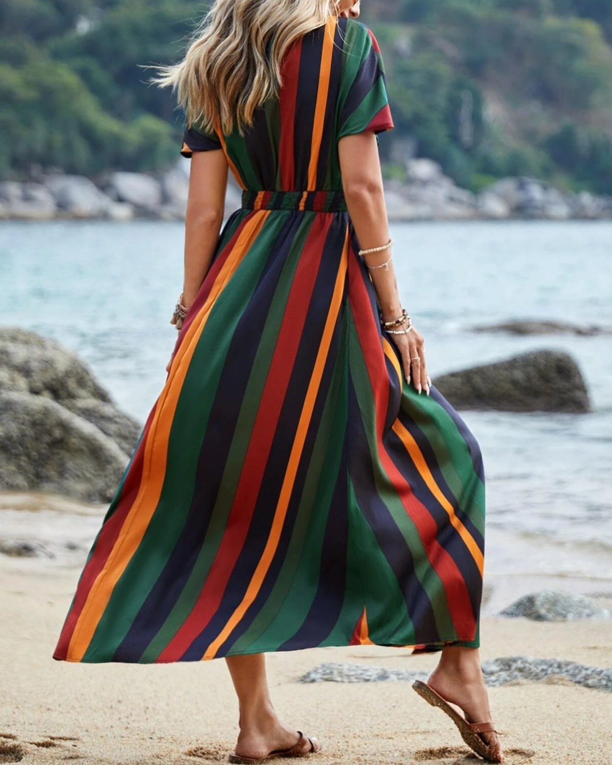Vertical Stripe Wrap Front Beach Maxi Dress - Green - 2