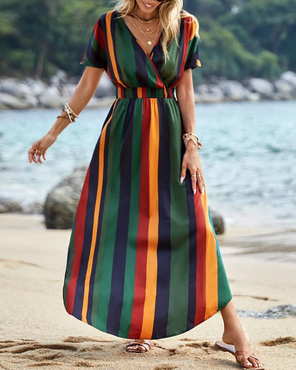 Vertical Stripe Wrap Front Beach Maxi Dress