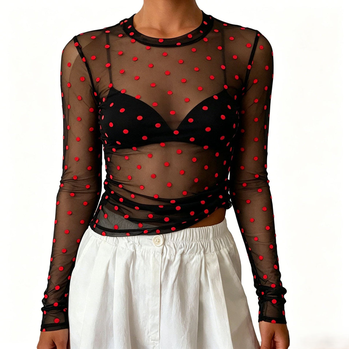 Sheer Mesh Polka Dot Layering Blouse - Black-R