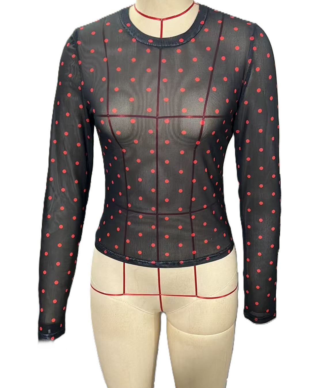 Sheer Mesh Polka Dot Layering Blouse - Black-R - 1