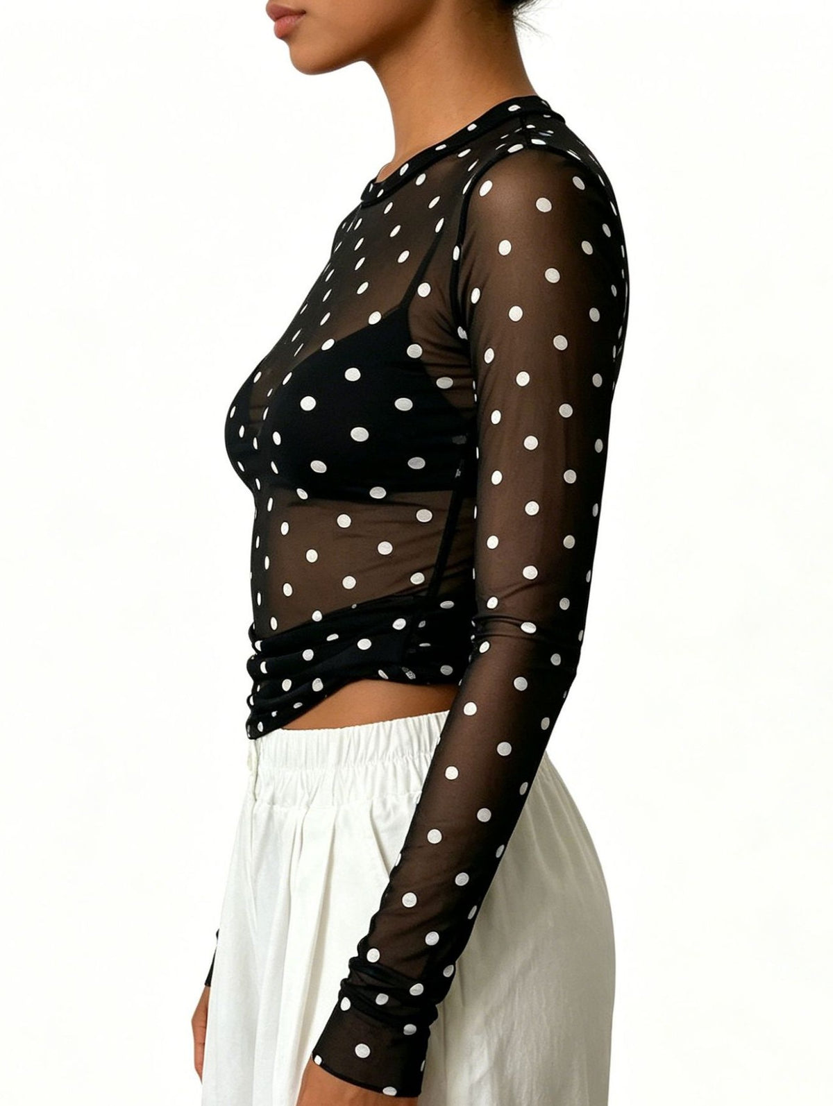 Sheer Mesh Polka Dot Layering Blouse - Black-W