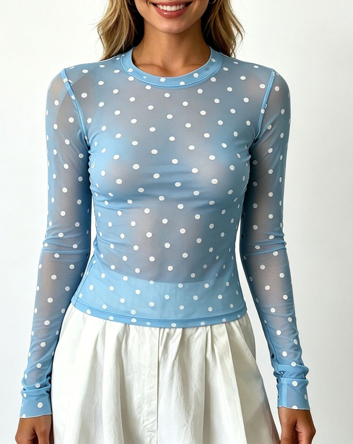 Sheer Mesh Polka Dot Layering Blouse - Blue