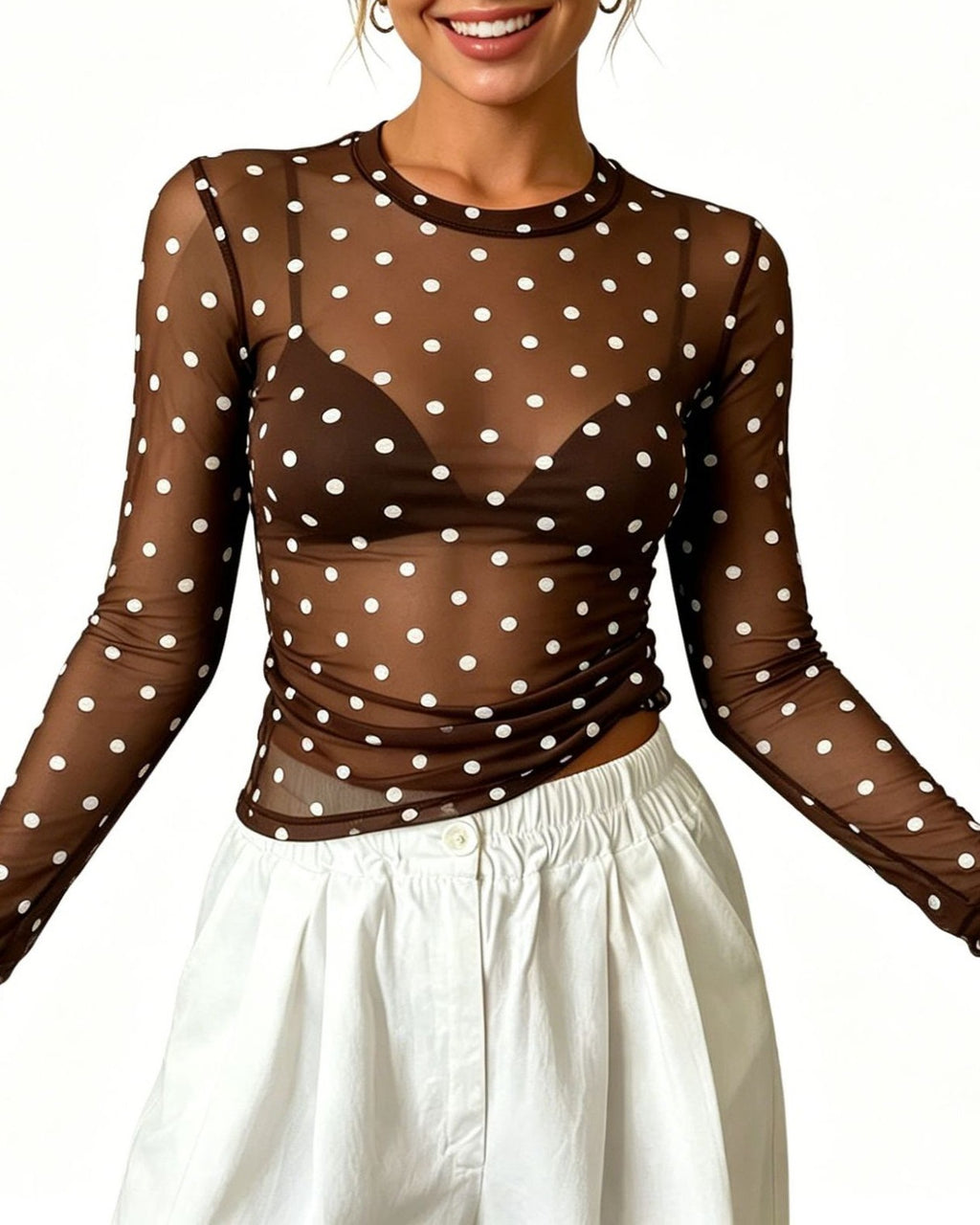 Sheer Mesh Polka Dot Layering Blouse - Coffee-W