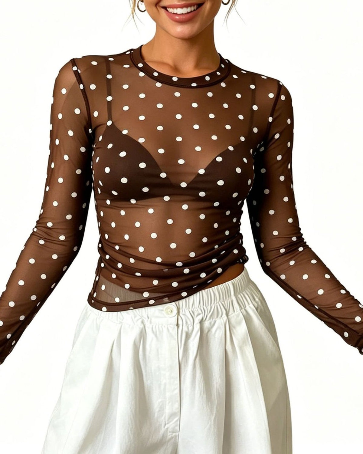 Sheer Mesh Polka Dot Layering Blouse - Coffee-W