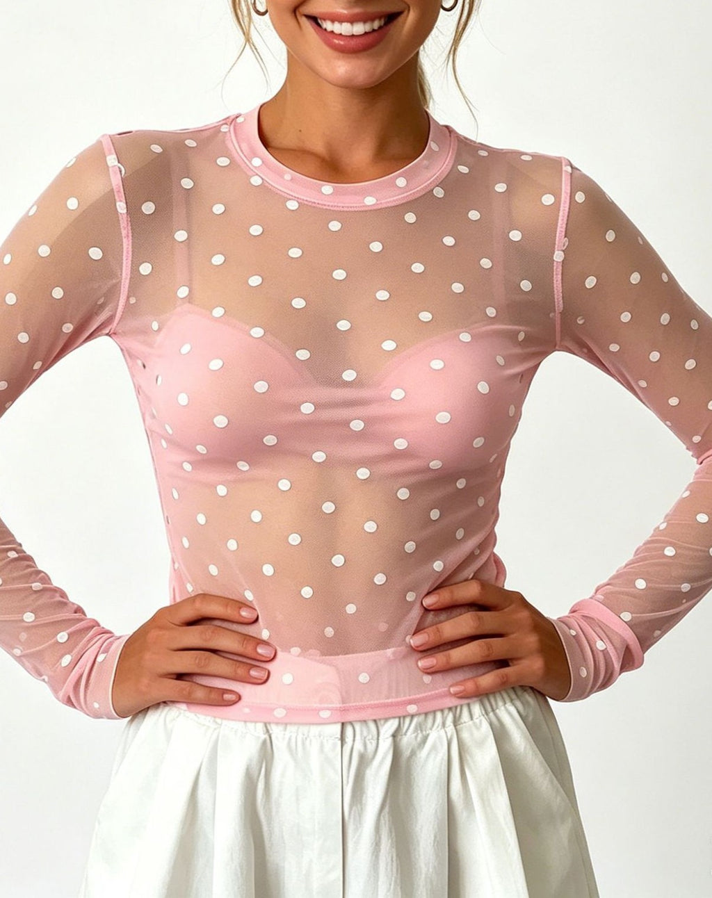 Sheer Mesh Polka Dot Layering Blouse - Pink