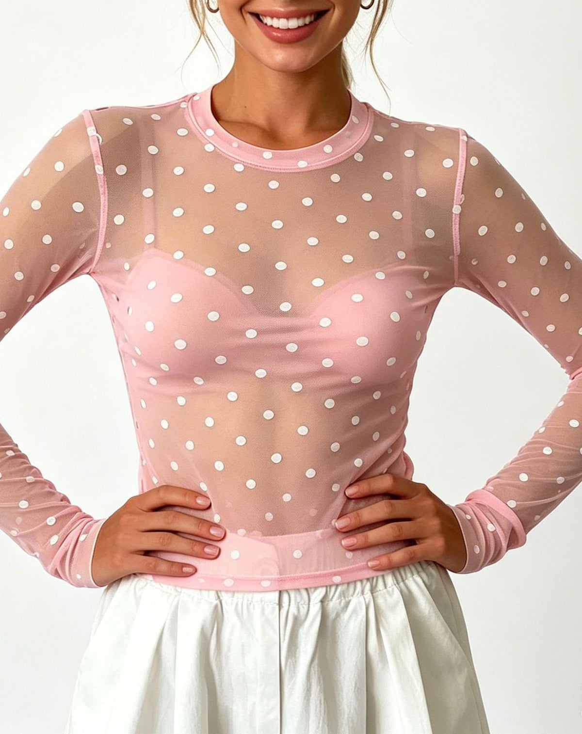 Sheer Mesh Polka Dot Layering Blouse - Pink