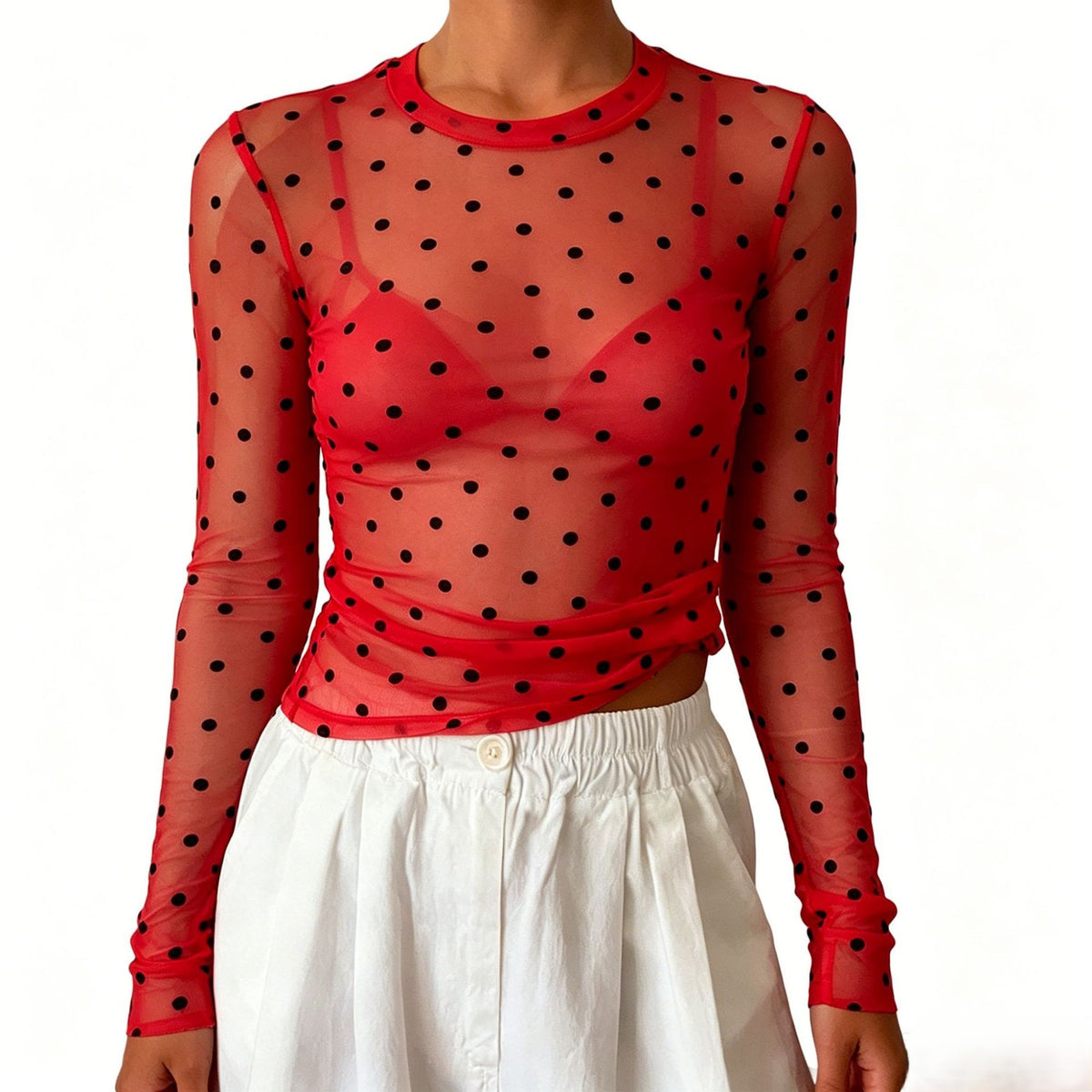 Sheer Mesh Polka Dot Layering Blouse - Red