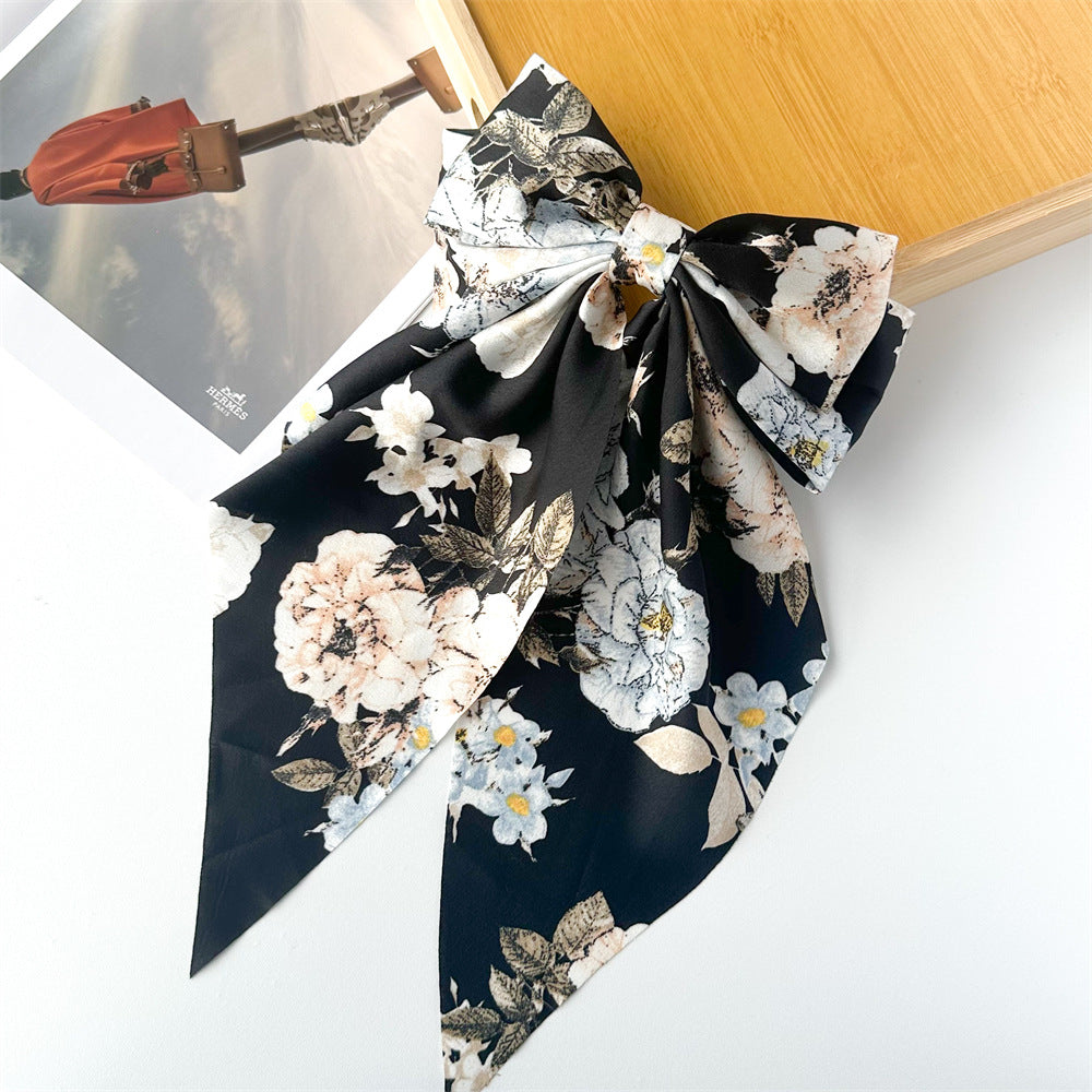 Floral Print Long Tail Bow Barrette - Black