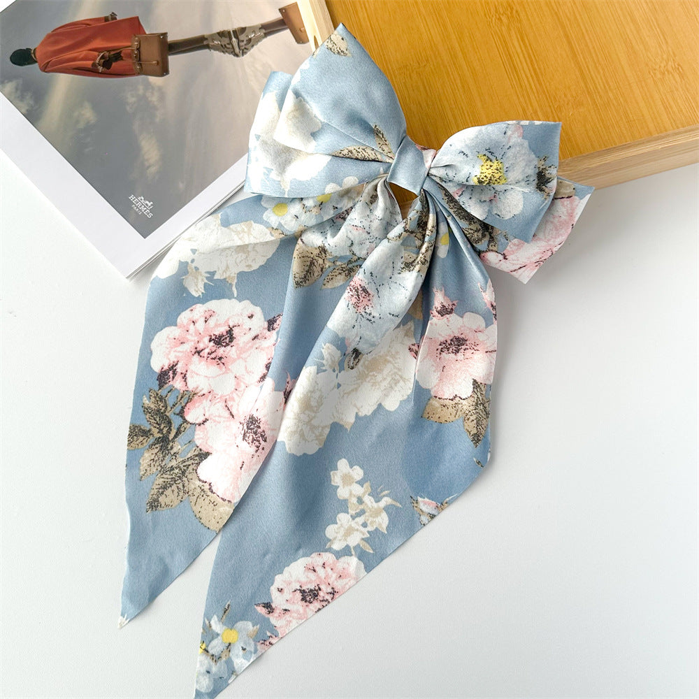 Floral Print Long Tail Bow Barrette - Blue