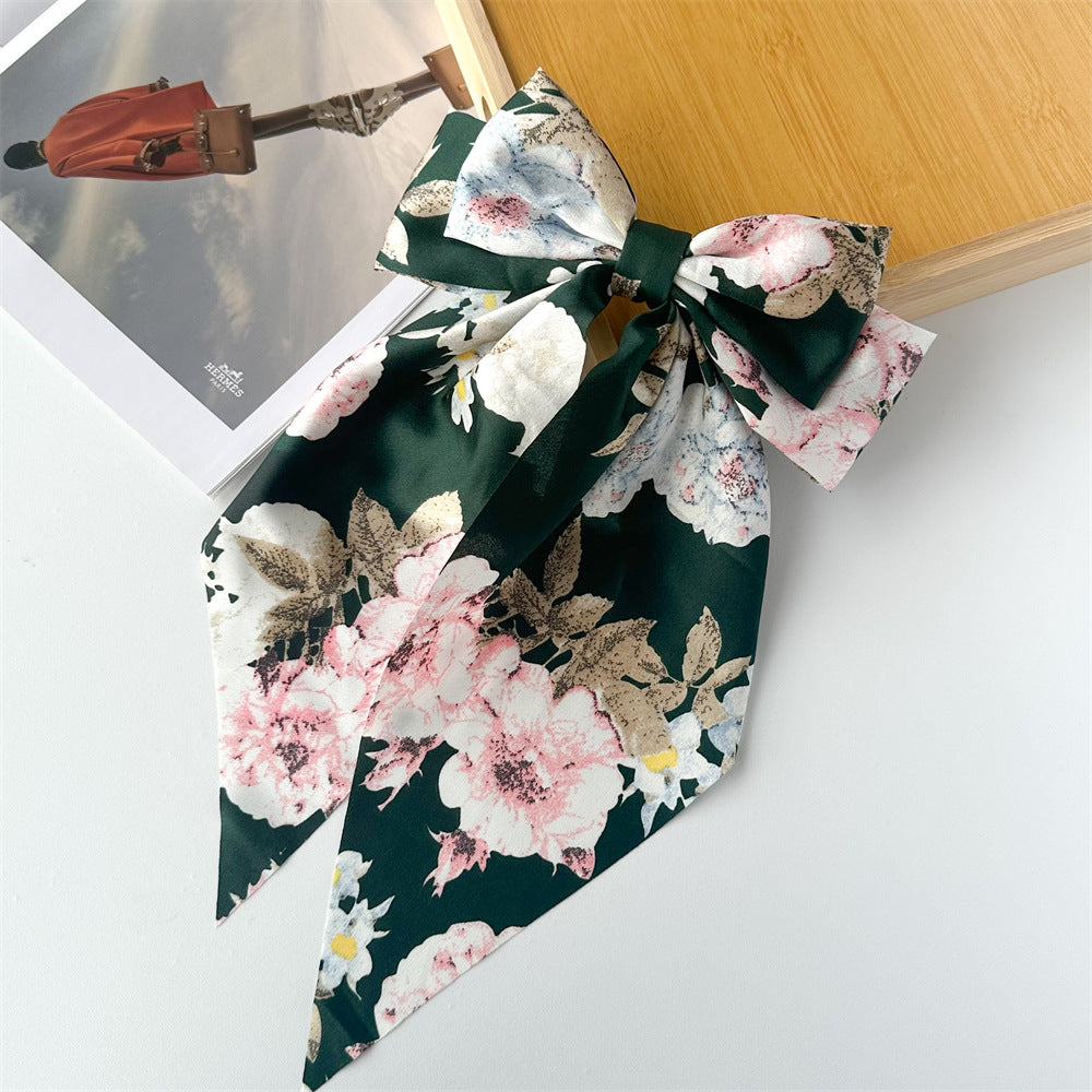 Floral Print Long Tail Bow Barrette - Forest