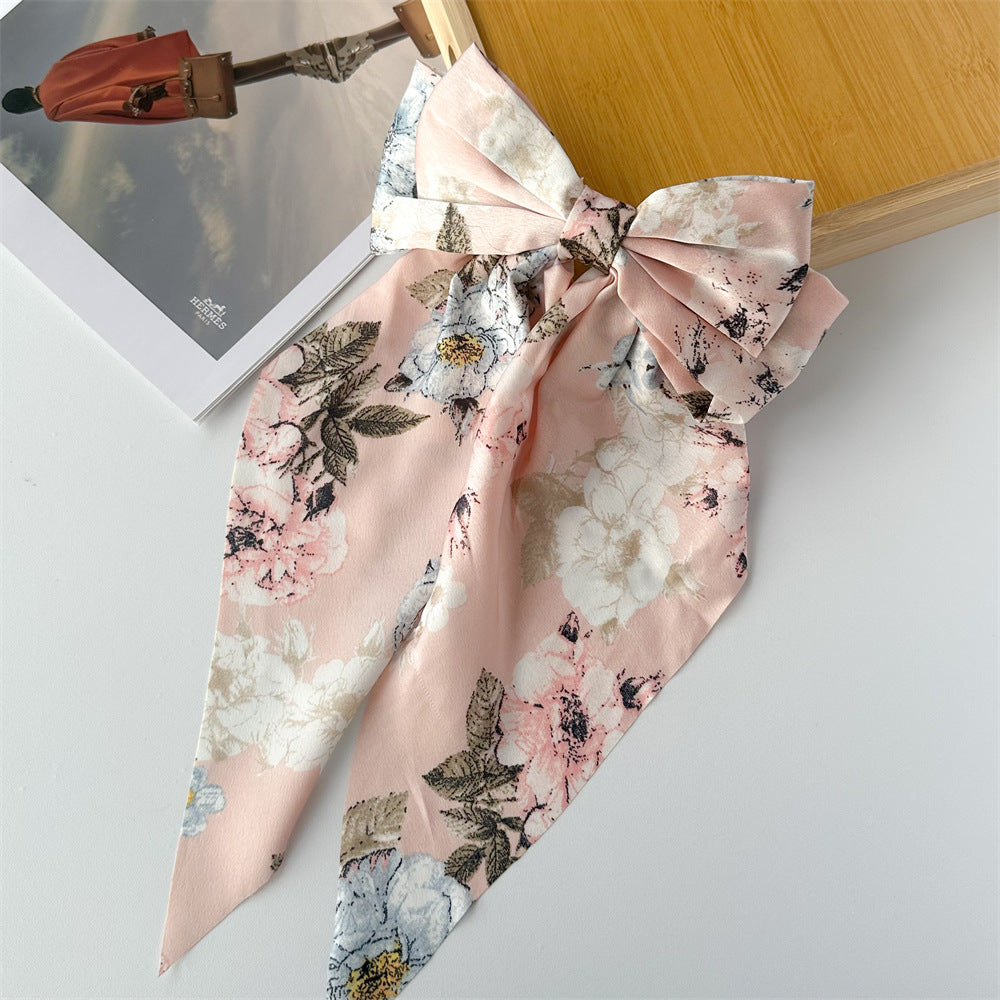 Floral Print Long Tail Bow Barrette - Pink