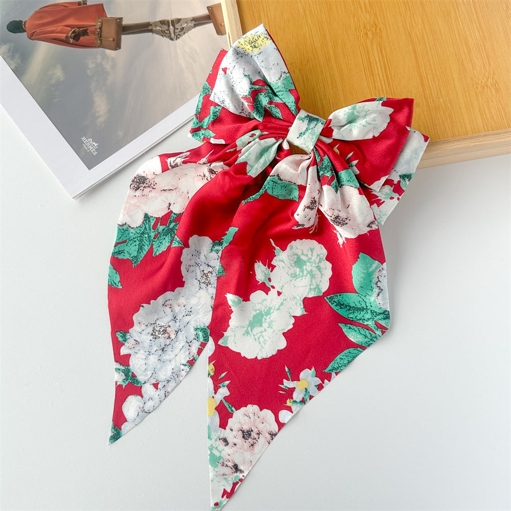 Floral Print Long Tail Bow Barrette - Red