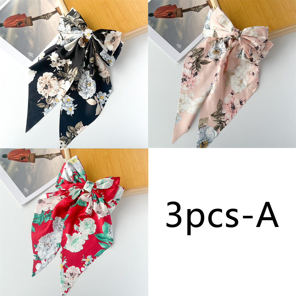 Floral Print Long Tail Bow Barrette - SET01