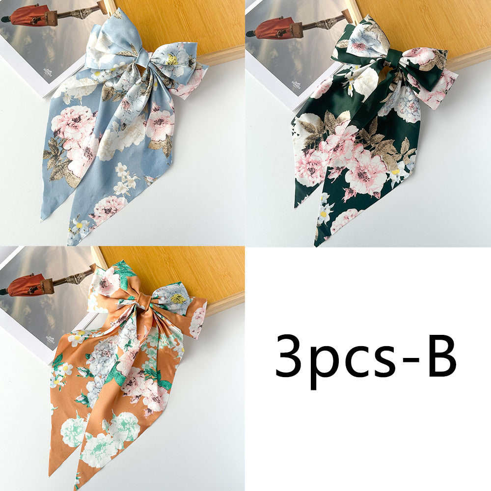 Floral Print Long Tail Bow Barrette - SET02
