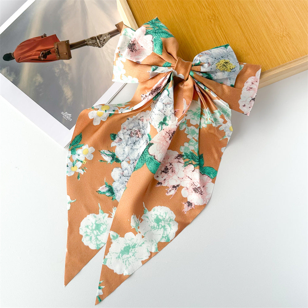 Floral Print Long Tail Bow Barrette - Toffee