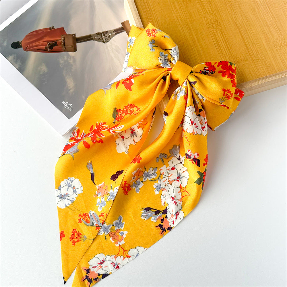 Floral Print Long Tail Bow Barrette - Yellow