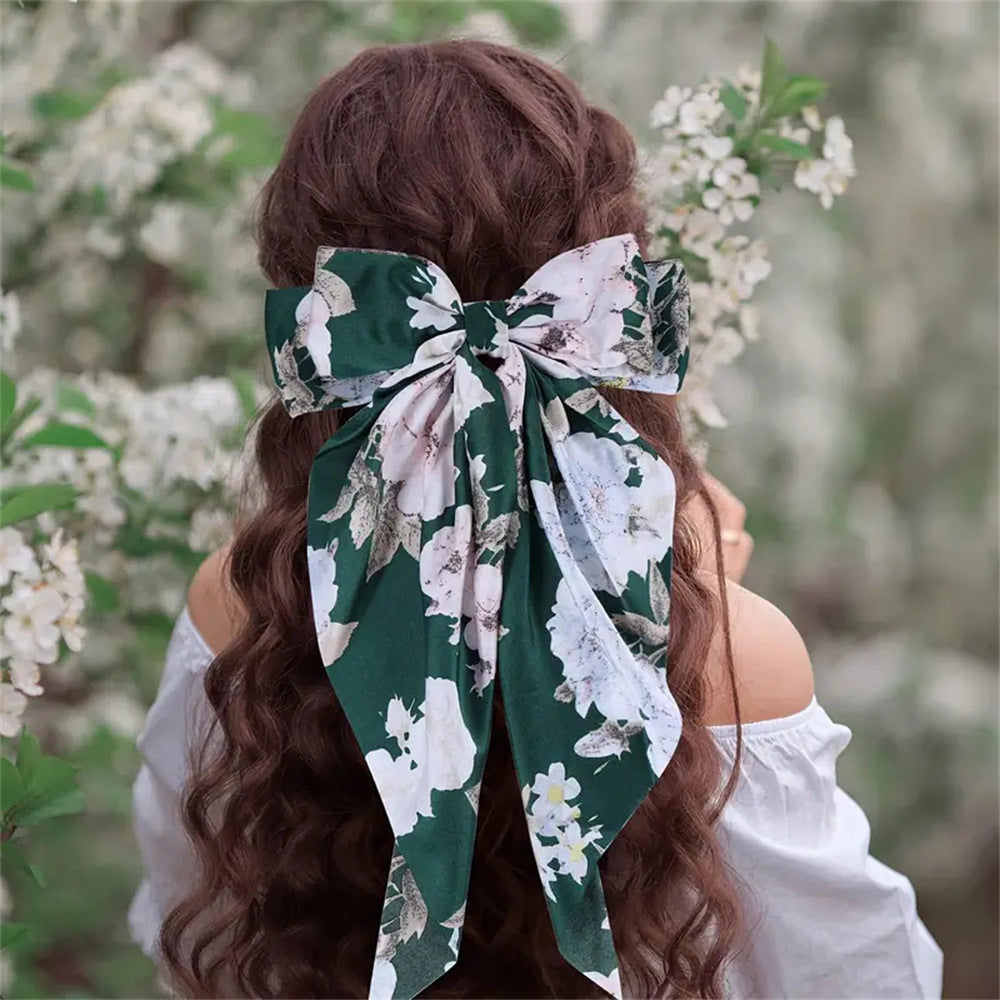 Floral Print Long Tail Bow Barrette