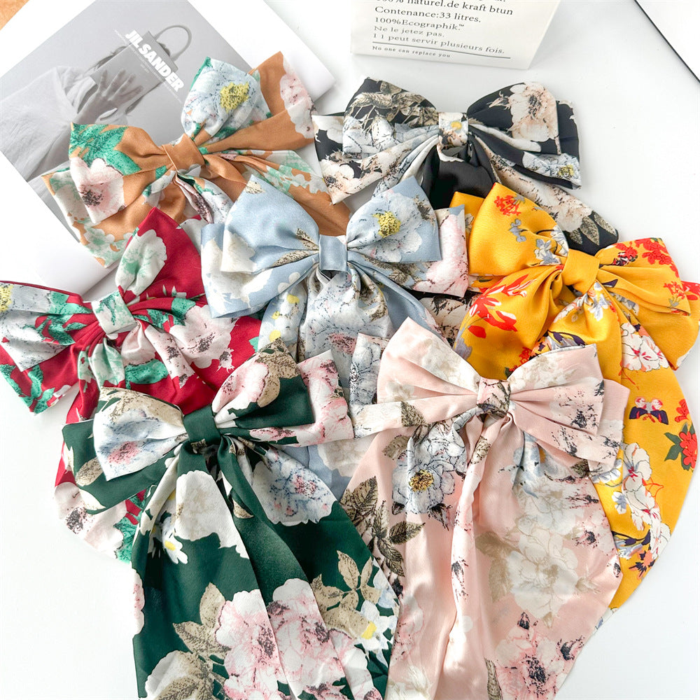 Floral Print Long Tail Bow Barrette - view 1