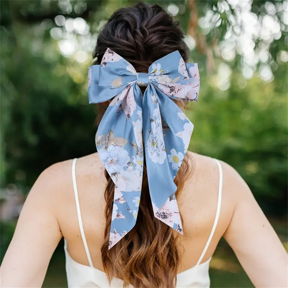 Floral Print Long Tail Bow Barrette - view 6