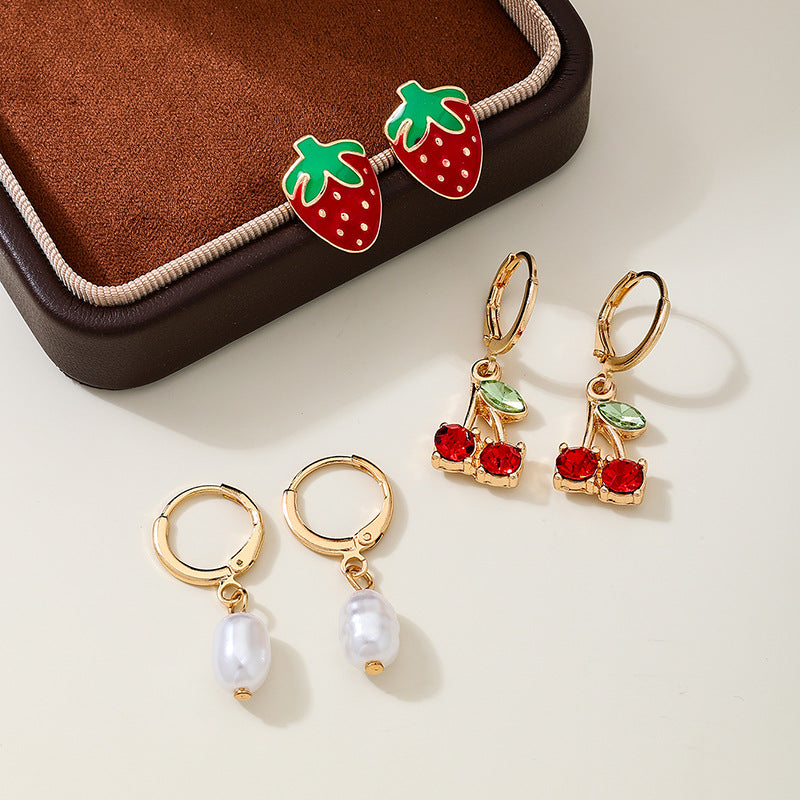 Fruity Charm Huggie And Stud Earring Trio - Set - 2
