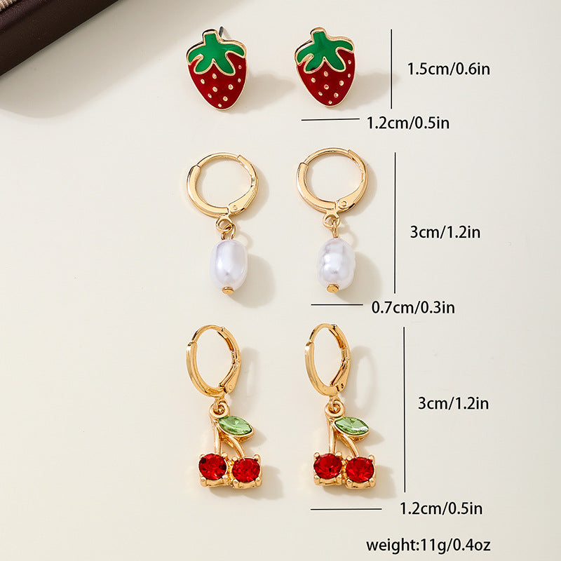 Fruity Charm Huggie And Stud Earring Trio - Set - 3