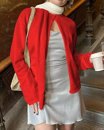 Fine Knit Cardigan With Single Clasp - Red