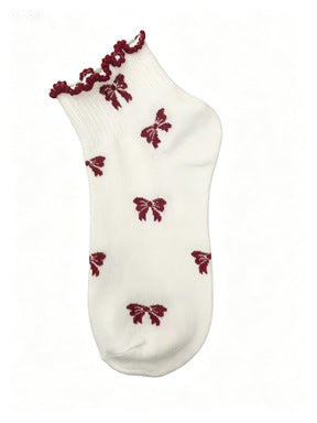 Ruffle Cuff Ankle Socks With Bow Accents - FullBow - 1