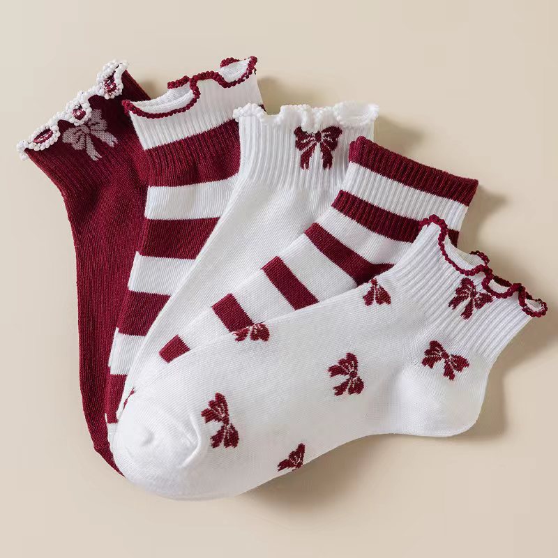 Ruffle Cuff Ankle Socks With Bow Accents - FullBow - 2
