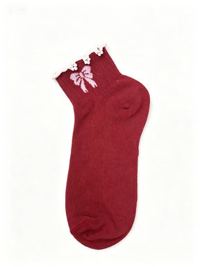 Ruffle Cuff Ankle Socks With Bow Accents - RedBow