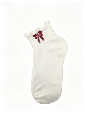 Ruffle Cuff Ankle Socks With Bow Accents - WhiteBow