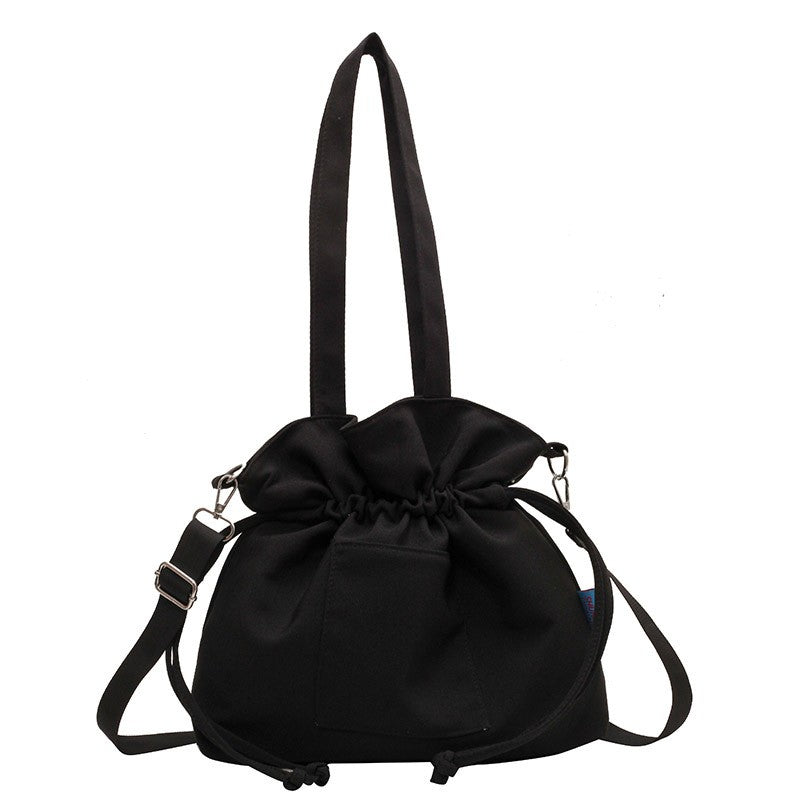 Drawstring Canvas Bucket Tote with Crossbody Strap - Black
