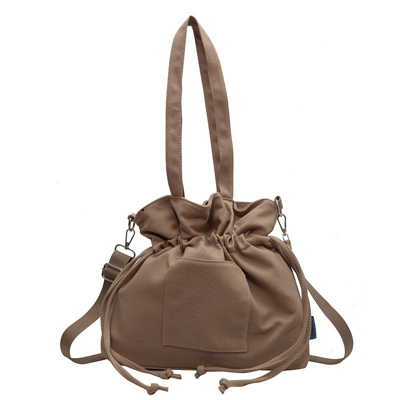 Drawstring Canvas Bucket Tote with Crossbody Strap - Taupe