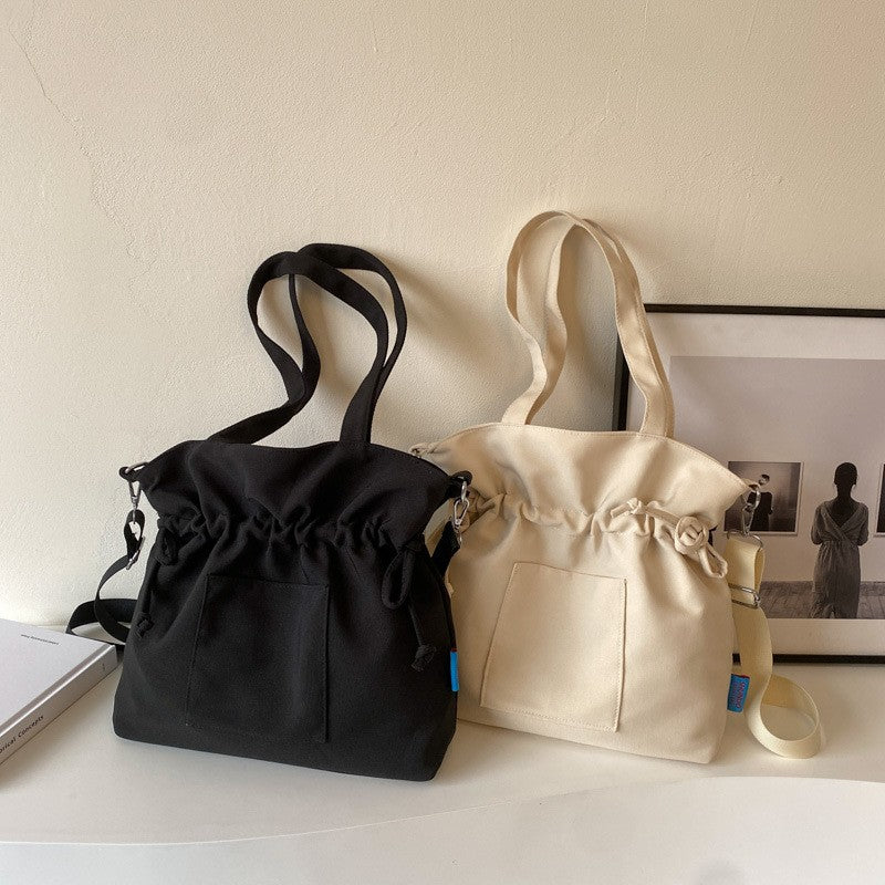 Drawstring Canvas Bucket Tote with Crossbody Strap