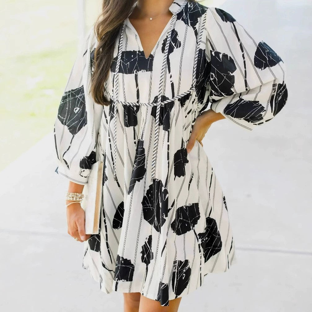 Balloon Sleeve Print Babydoll Mini Dress - Black