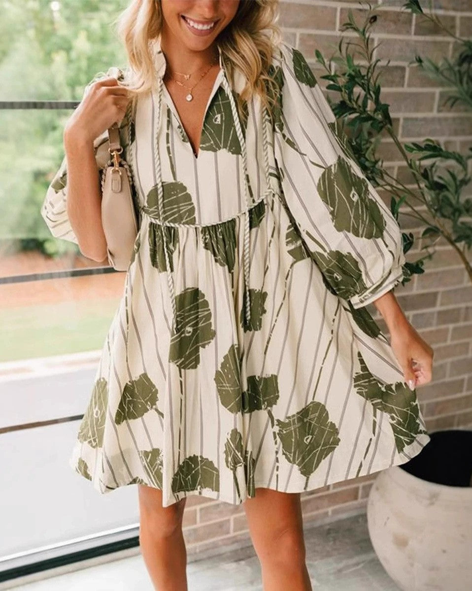Balloon Sleeve Print Babydoll Mini Dress - Green