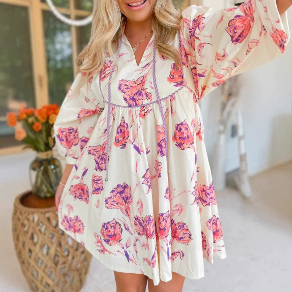 Balloon Sleeve Print Babydoll Mini Dress - RoseRed