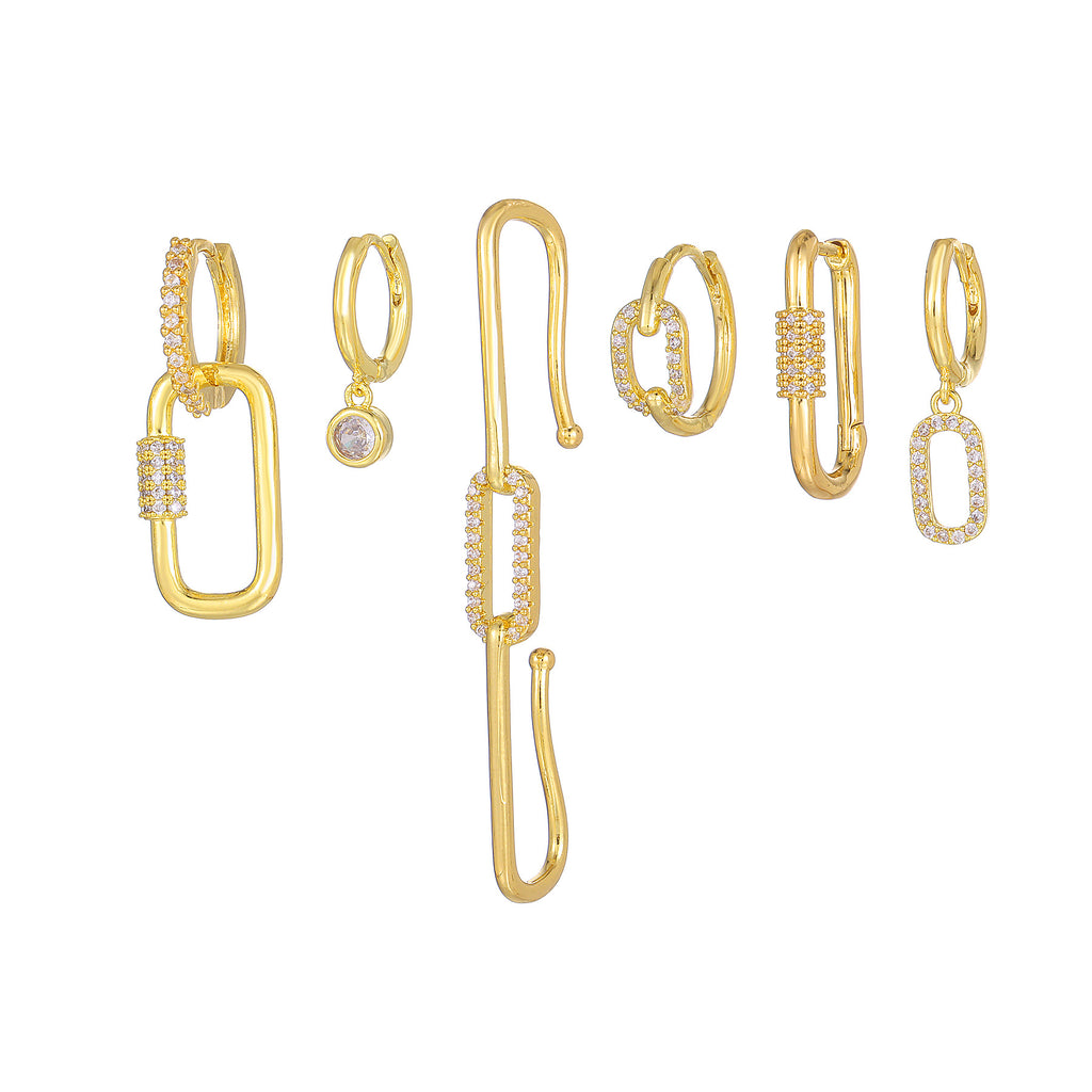 Geometric Paperclip Huggie Earring Set - Gold