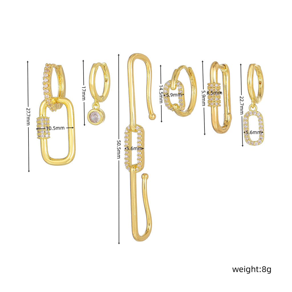 Geometric Paperclip Huggie Earring Set - Gold - 1
