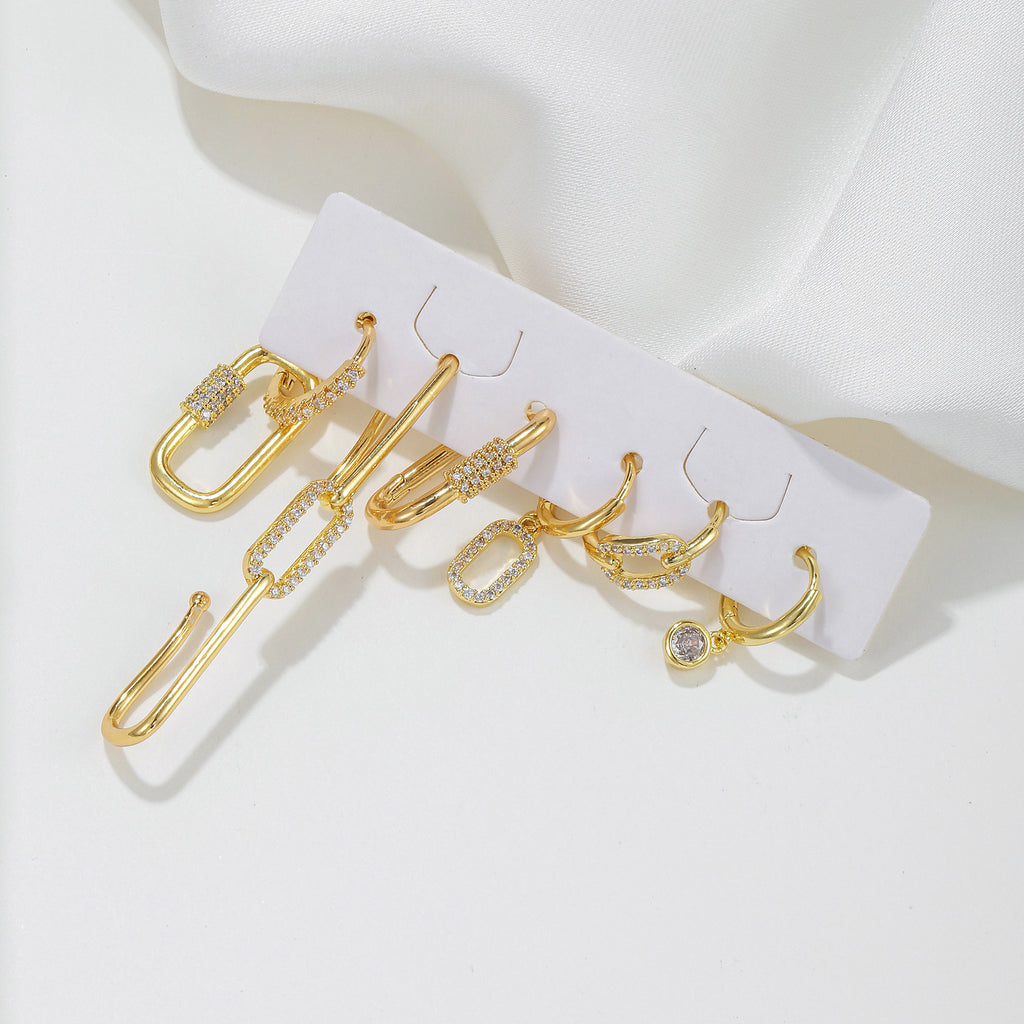 Geometric Paperclip Huggie Earring Set - Gold - 4