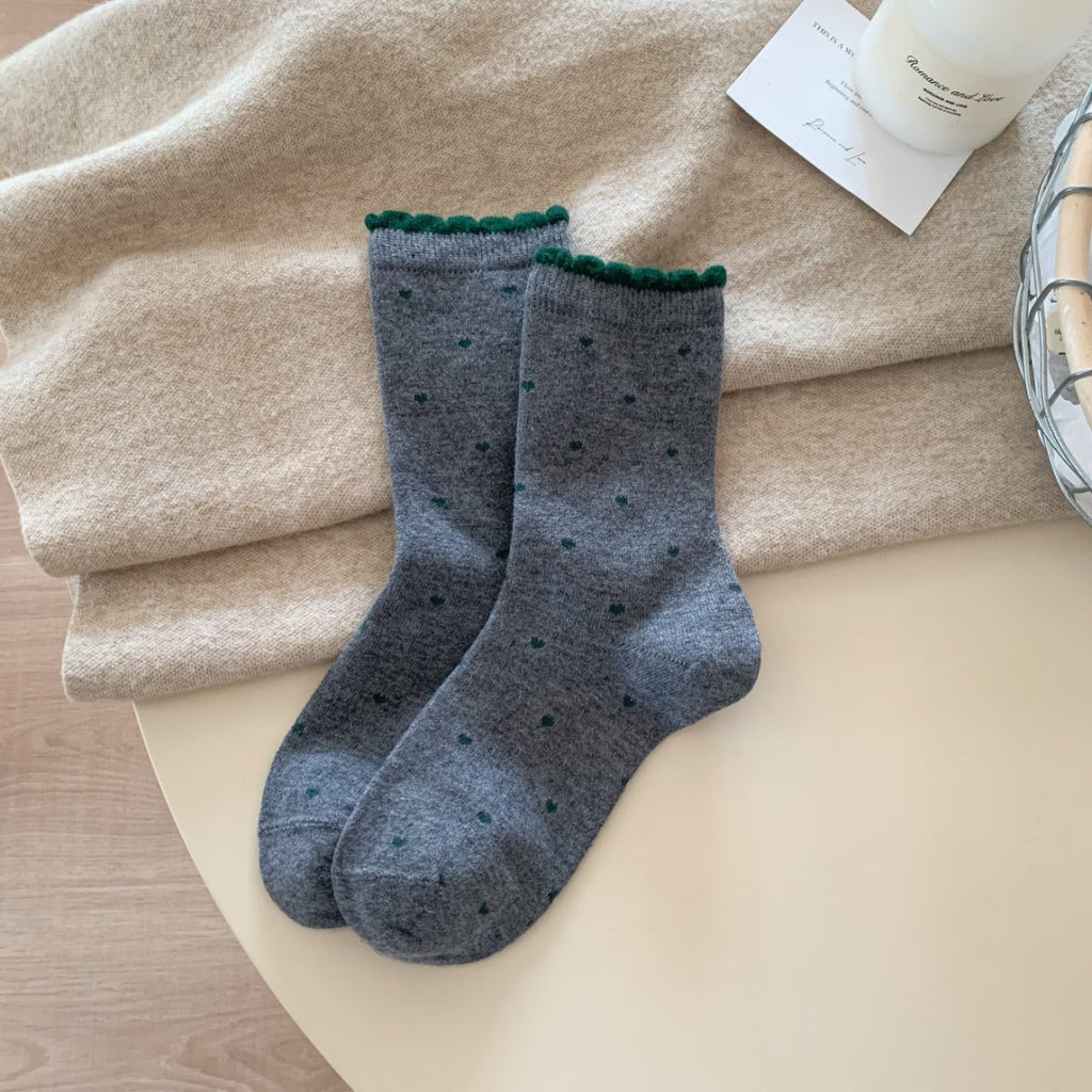 Heart Dot Scalloped Trim Crew Socks - DarkGray